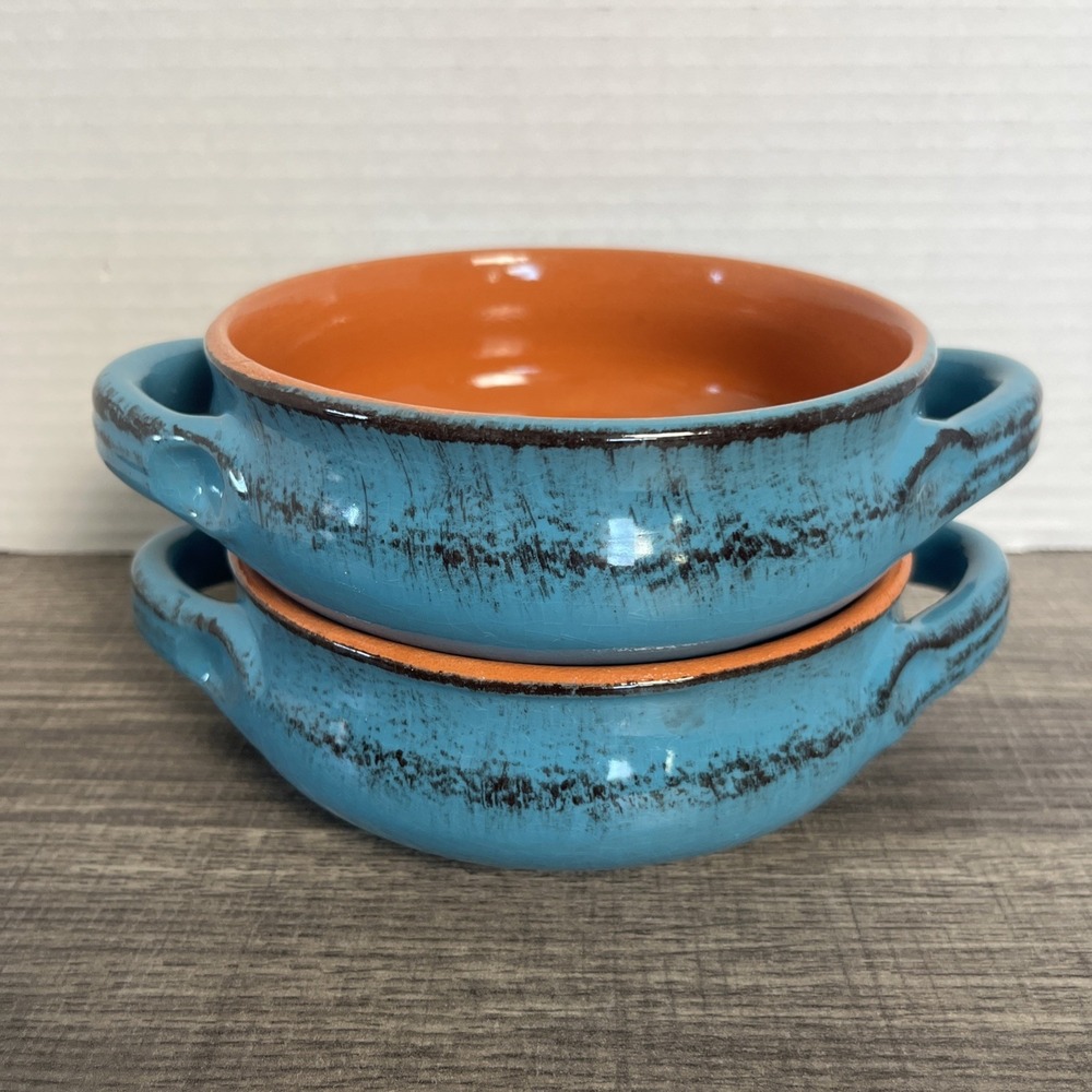 De Silva Terracotta Rustic Blue Baking Soup Chili Bowls w/Handles Made In Italy